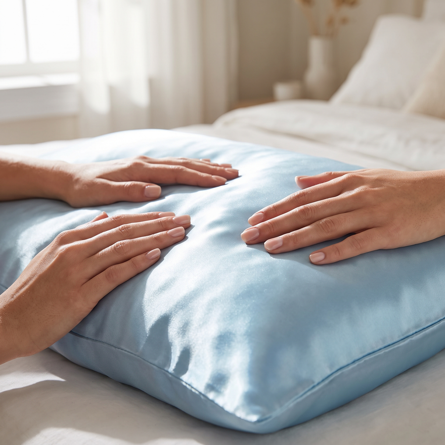 Hands gliding across smooth ice-blue cooling pillowcase