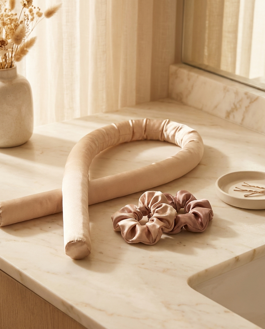 Mornette heatless curling set — plush satin jumbo rod with two satin scrunchies on a cream marble vanity in soft morning light