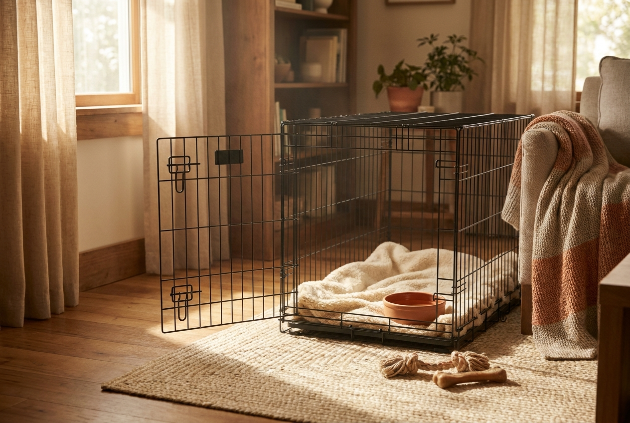 A cozy crate and home setup for a new puppy