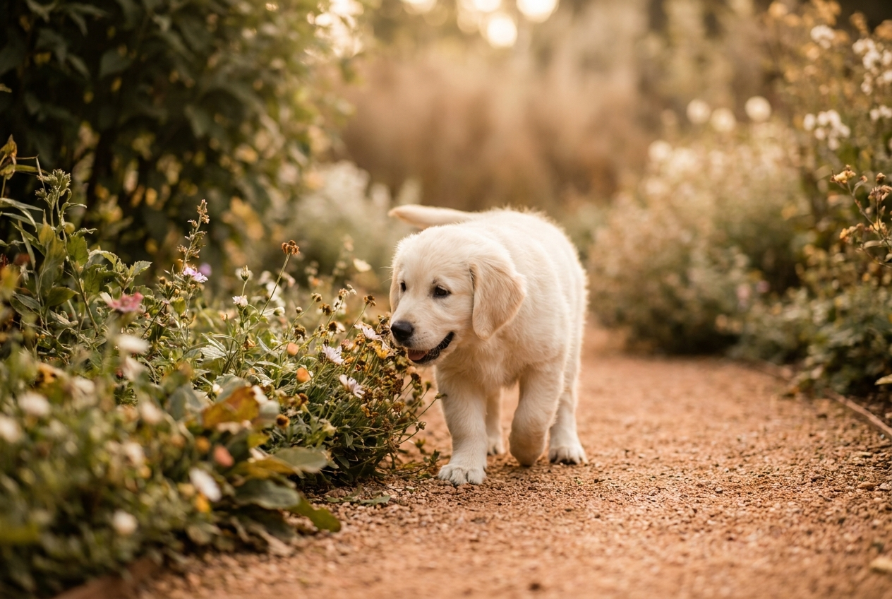 Puppy exploring on a calm walk