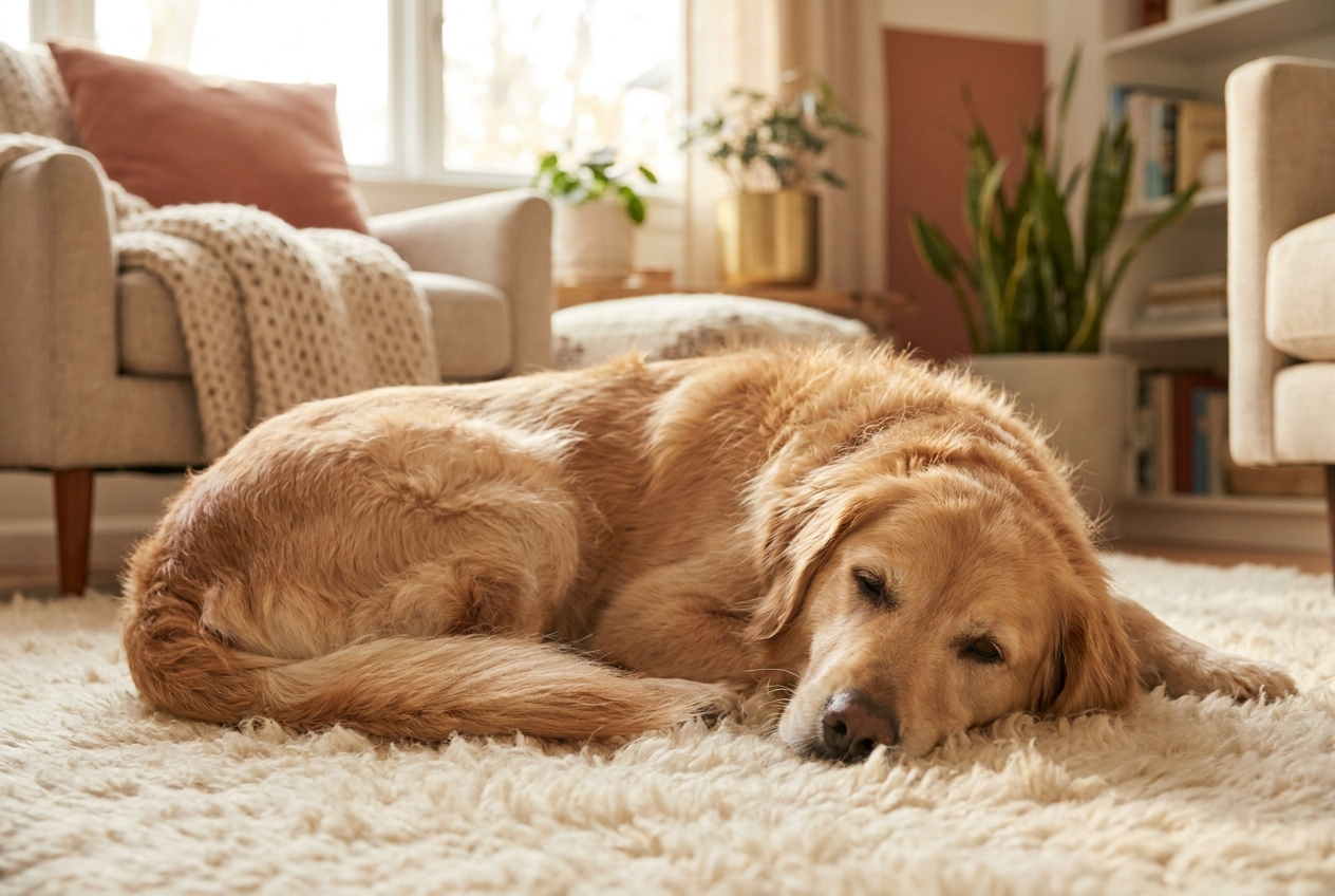 A calm, settled dog at home