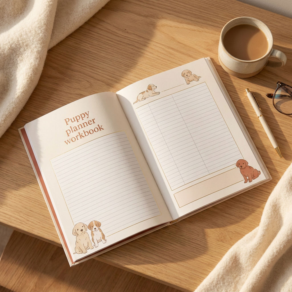 The printable puppy workbook on a desk