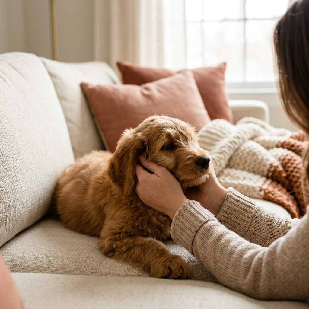 Gently bonding with a calm puppy