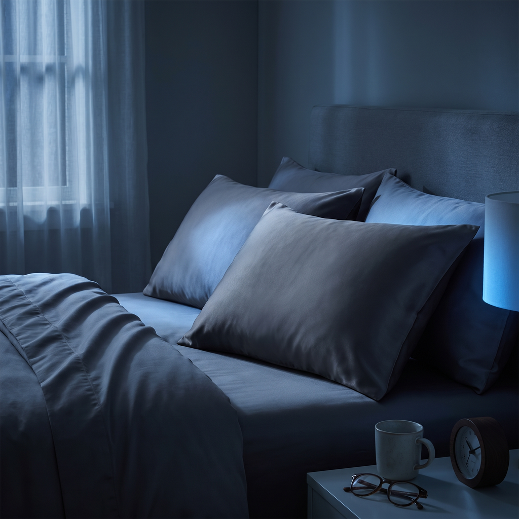 Frostmoor cooling pillowcases on a bed in a moonlit bedroom