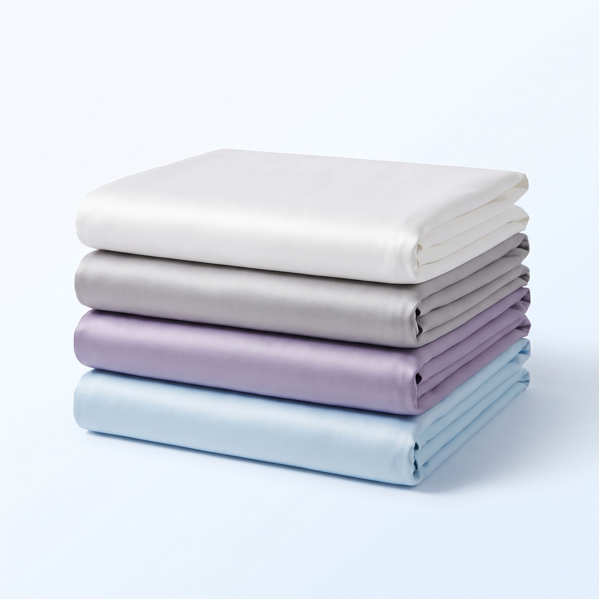 Four folded Frostmoor cooling pillowcases in white gray lavender and blue