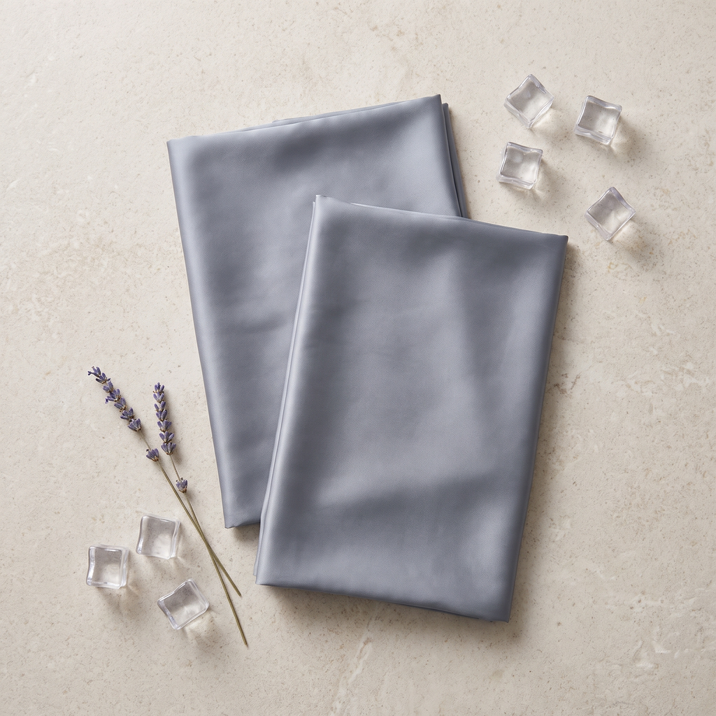 Flat lay of folded cooling pillowcases with ice cubes and lavender