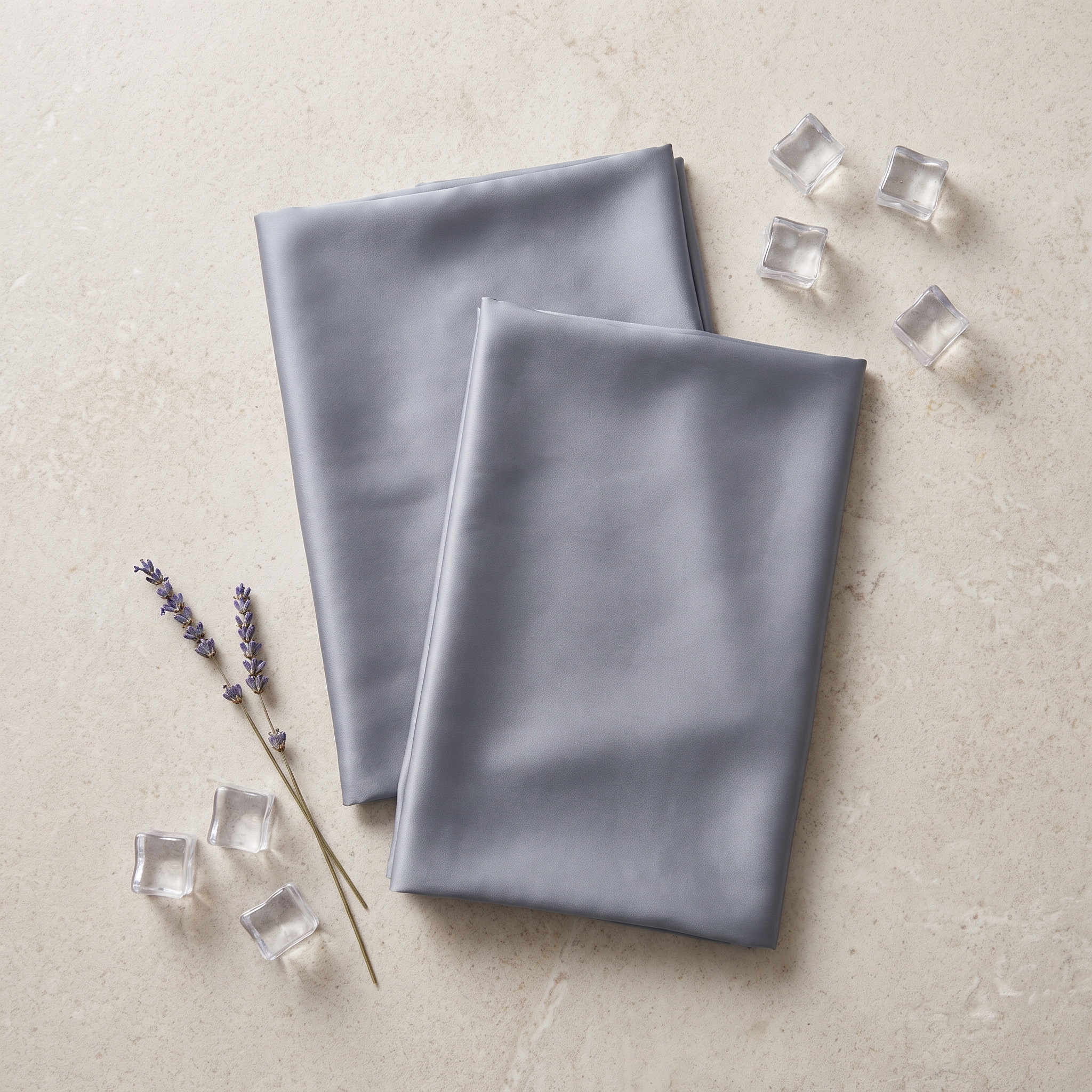 Flat lay of folded cooling pillowcases with ice cubes and lavender