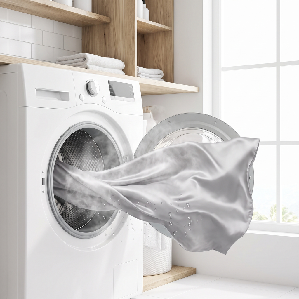 Machine washable cooling pillowcase in washer drum