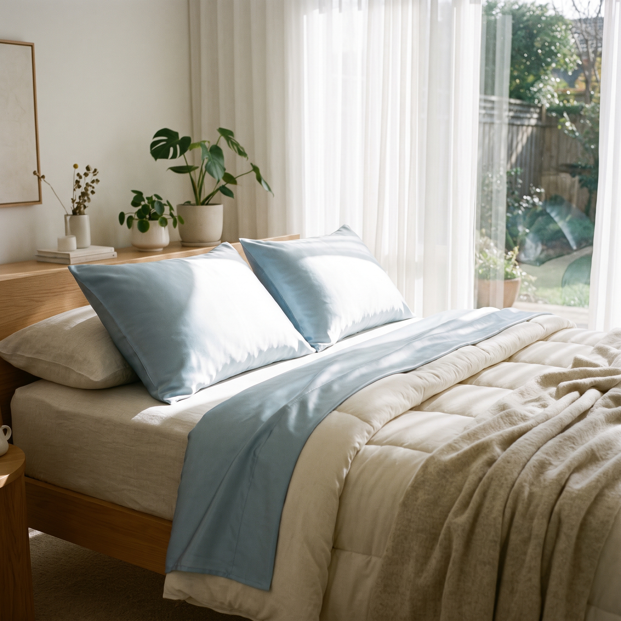 Bright morning bedroom with light-blue cooling pillowcases