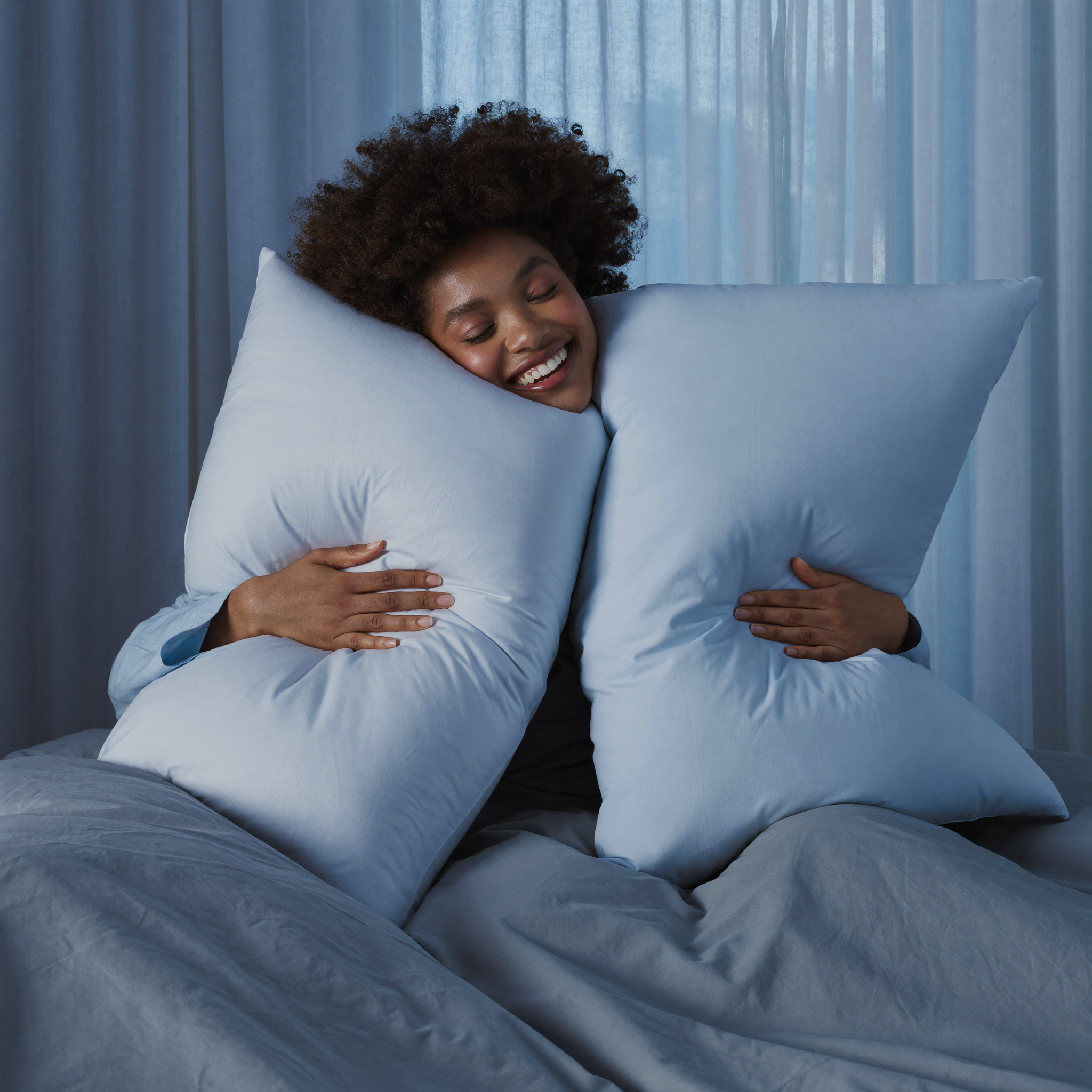 Happy woman hugging plush cool-blue Frostmoor cooling pillows in a serene bedroom
