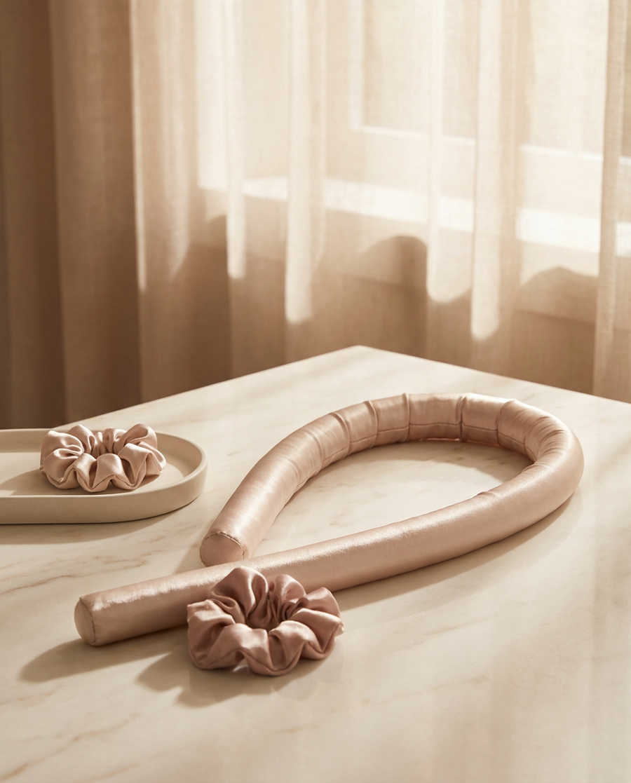 Close-up of the Mornette satin heatless curling rod — plush satin finish, frizz-free by design