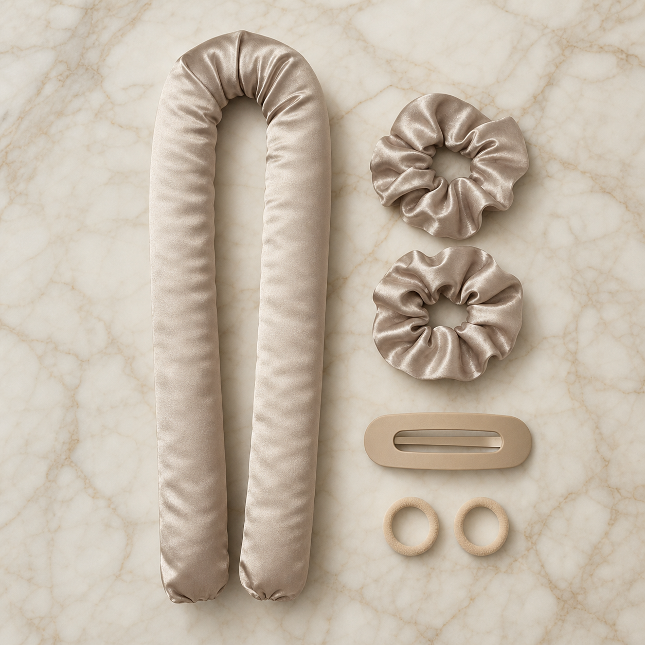 Complete Mornette heatless curling set with one jumbo satin rod, two scrunchies, one styling clip and two mini elastics